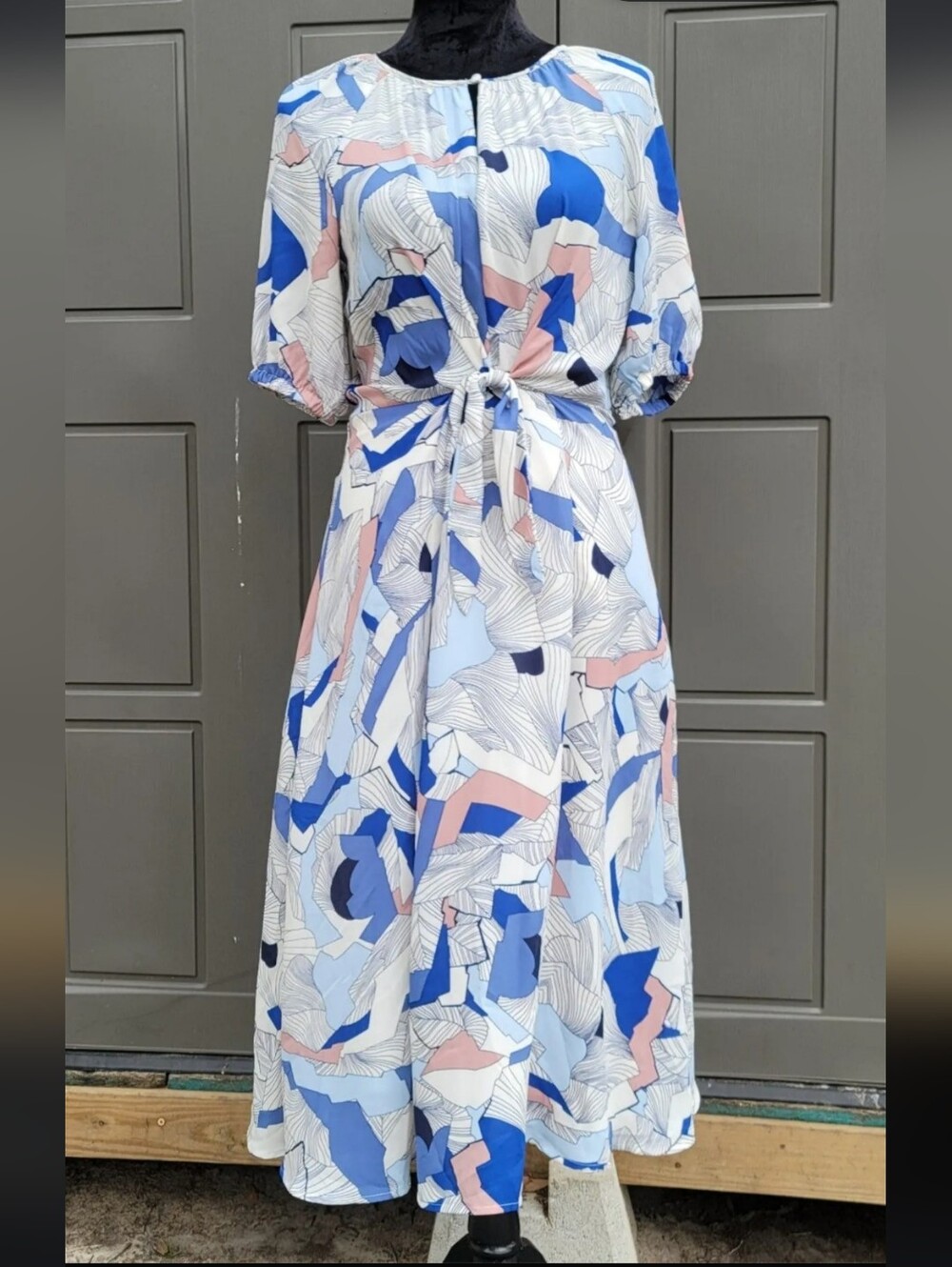 Abstract Print Blue & White Midi Dress with Tie Waist